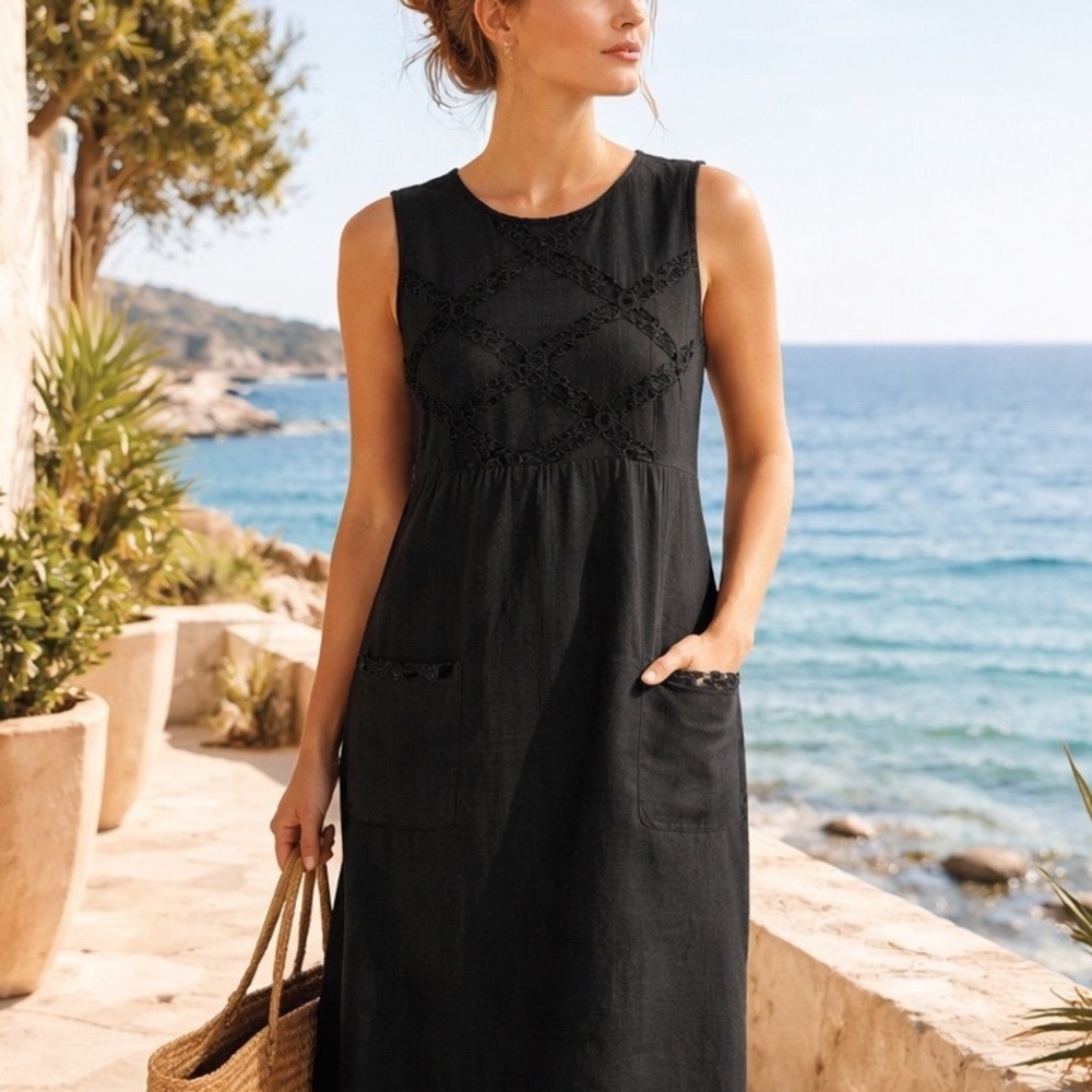 Black Ramie Cotton Midi Dress XL Lace Detail Lagenlook Minimalist Made in Spain‎